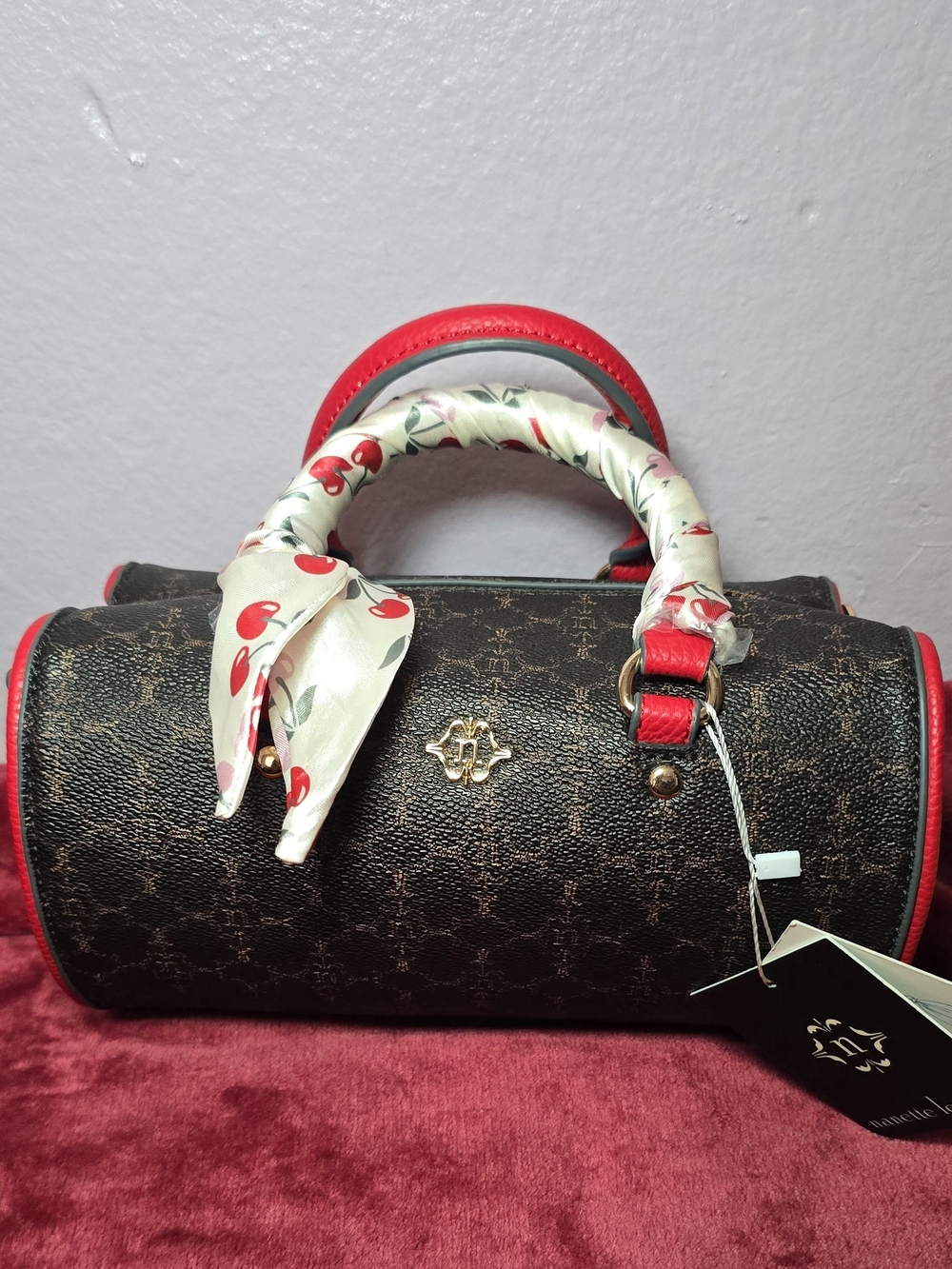 Nanette Lepore Elegant Brown and Red Heart Barrel Handbag with Cherry Scarf